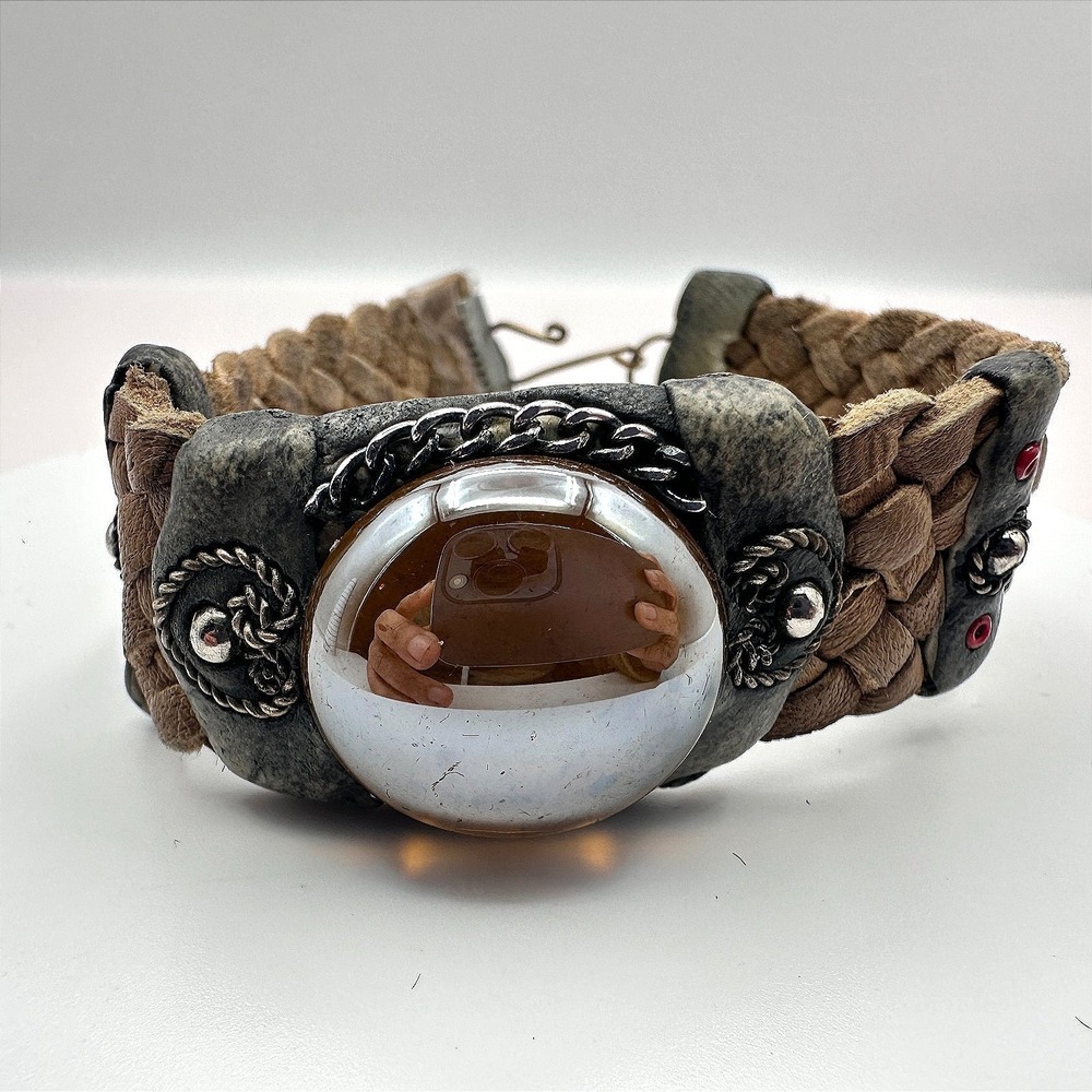 Vintage 90s Beaded Leather Bracelet Glass Dome Women's Classic Fashion‎ Jewelry